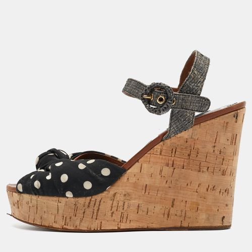 Grey Knotted Polka Dot Fabric and Raffia Cork Wedge Ankle Strap Sandals Size 41 - Dolce & Gabbana - Modalova