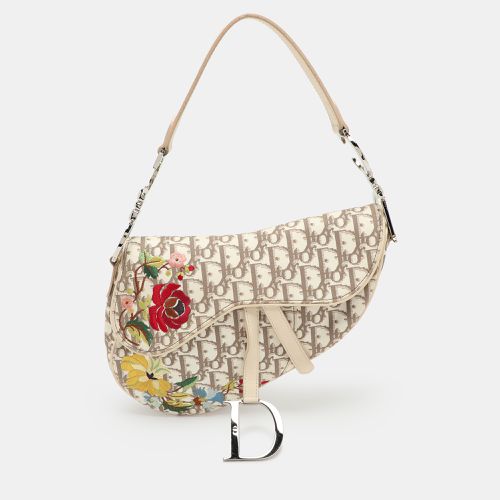 White Oblique Canvas and Leather Floral Embroidered Saddle Shoulder Bag - Dior - Modalova