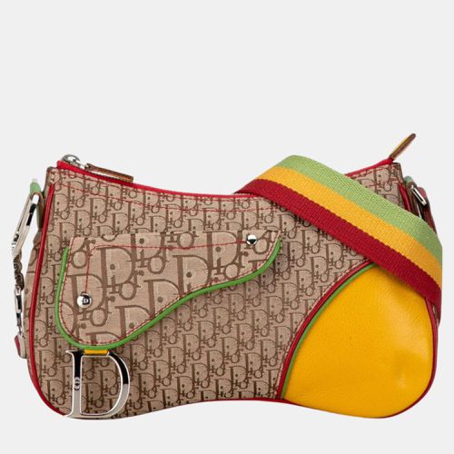 Christian Beige Yellow Canvas Leather Trotter Saddle Rasta Shoulder Bag - Dior - Modalova