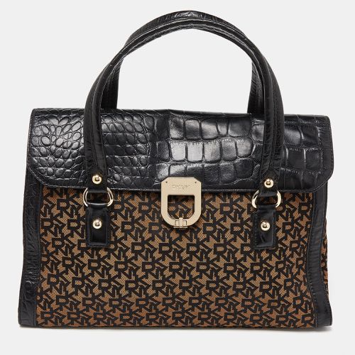 Brown Monogram Canvas and Croc Embossed Leather Turnlock Flap Tote - Dkny - Modalova