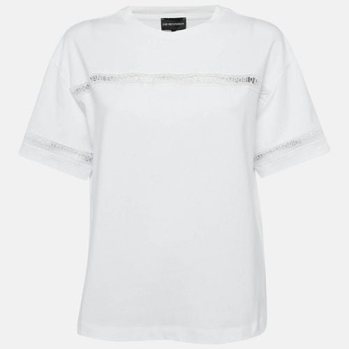 White Cotton Logo Lace Trimmed T-Shirt M - Emporio Armani - Modalova