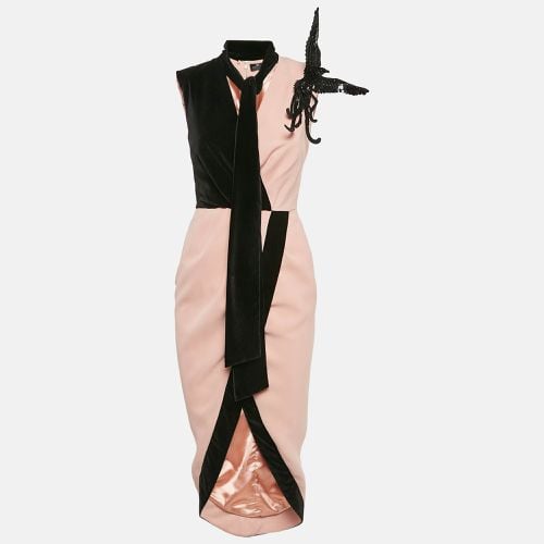 Black Sequin Bird Applique Crepe and Velvet Draped Midi Dress S - Elisabetta Franchi - Modalova