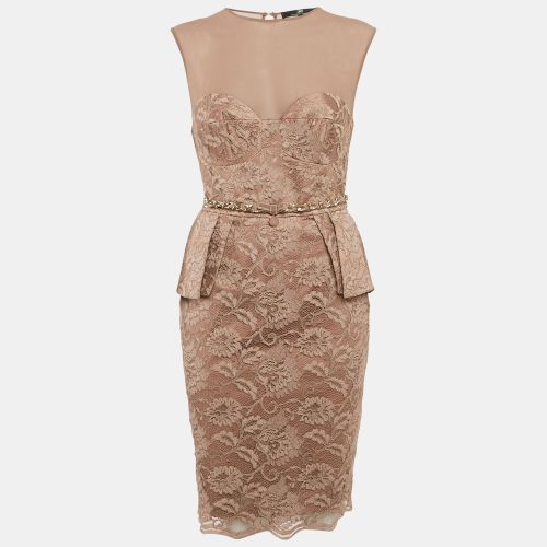 Caramel Satin Lace Overlay Belted Short Dress M - Elisabetta Franchi - Modalova