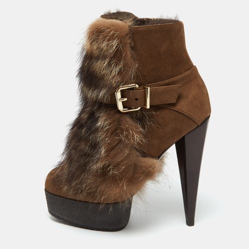 Nubuck Leather and Raccoon Fur Platform Ankle Boots Size 36 - Fendi - Modalova