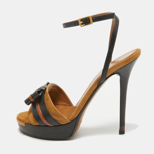 Brown Leather and Suede Bow Platform Ankle Strap Sandals Size 37 - Fendi - Modalova