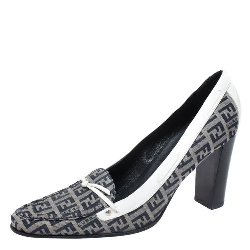 Zucca Canvas And Leather Square Toe Block Heel Pumps Size 37 - Fendi - Modalova