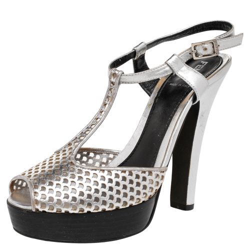 Metallic Laser-Cut Leather T-Strap Peep Toe Platform Sandals Size 38.5 - Fendi - Modalova