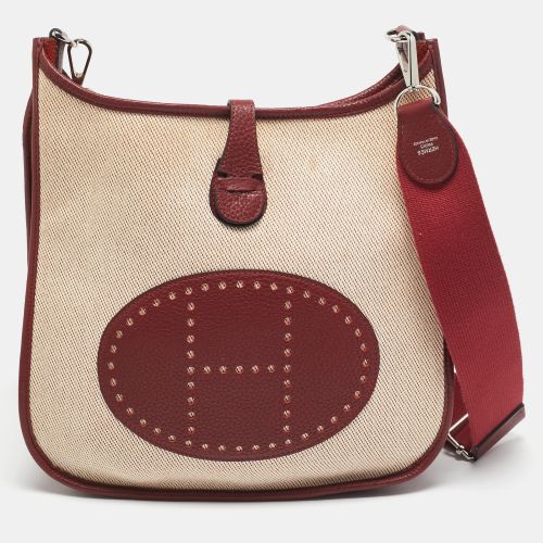 Rouge H/Beige Taurillon Clemence Leather and Canvas Evelyne III PM Bag - Hermes - Modalova