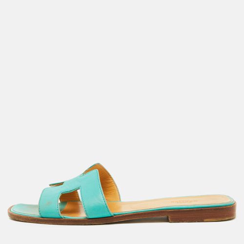 Turquoise Leather Oran Flat Slide Sandals Size 40 - Hermes - Modalova