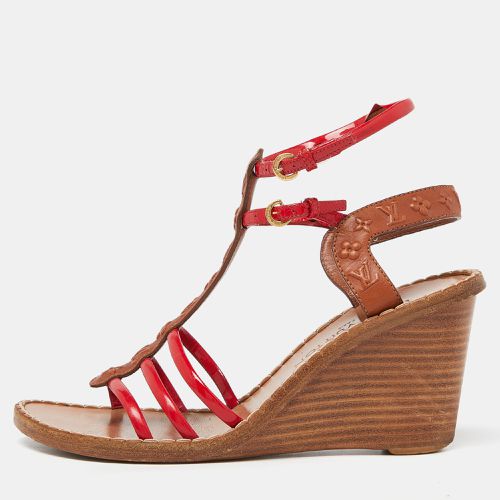 Brown/ Monogram Embossed Leather and Patent T-Strap Wedge Sandals Size 37.5 - Louis Vuitton - Modalova