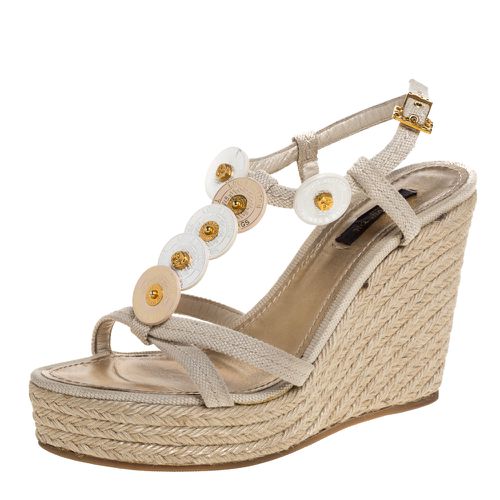 Canvas Medallion Leather Detail Espadrille Wedge Platform Sandals Size 37 - Louis Vuitton - Modalova