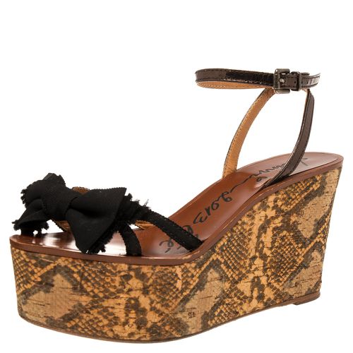 Metallic/ Canvas and Leather Bow Python Print Platform Wedge Sandals Size 39 - Lanvin - Modalova