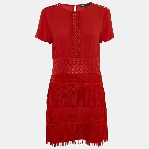 Crepe Lace Trim Detail Fringed Mini Dress M - Maje - Modalova