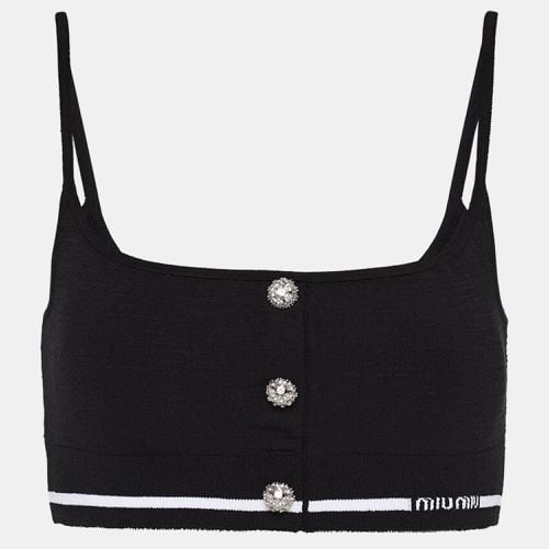 Crystal Embellished Button Stretch Knit Crop Top S - Miu Miu - Modalova