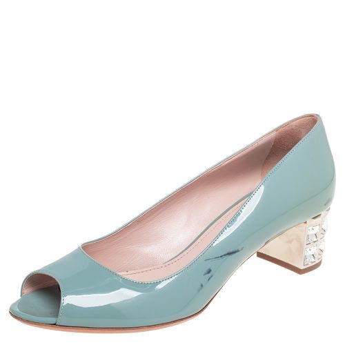 Patent Leather Peep Toe Embellished Block Heel Pumps Size 37.5 - Miu Miu - Modalova