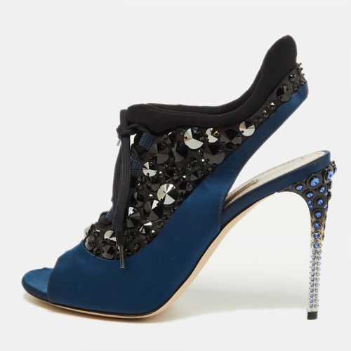 Navy /Black Satin and Fabric Embellished Cutout Booties Size 39 - Miu Miu - Modalova