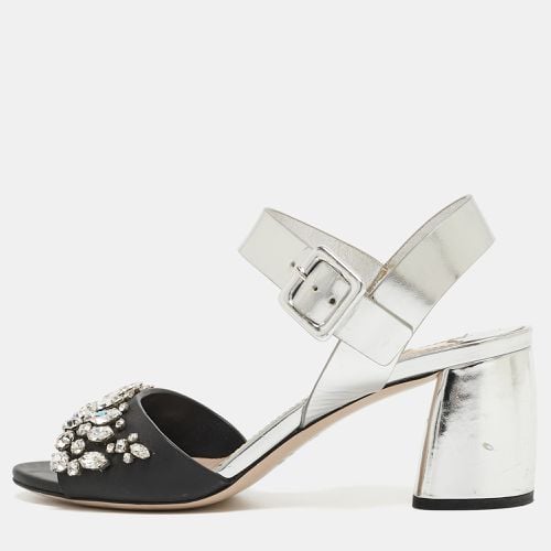 Silver/ Leather Crystal Embellished Ankle Strap Sandals Size 35.5 - Miu Miu - Modalova