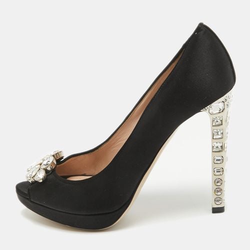 Satin Crystal Embellished Peep Toe Platform Pumps Size 37.5 - Miu Miu - Modalova