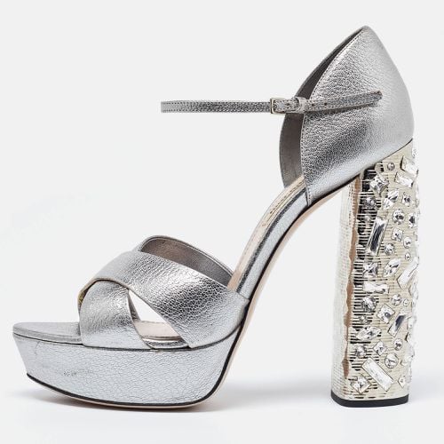 Metallic Leather Crystal Embellished Block Heel Ankle Strap Platform Sandals Size 40 - Miu Miu - Modalova