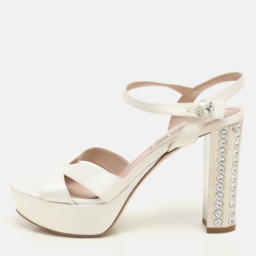 Satin Crystal Embellished Heel Platform Ankle Strap Sandals Size 38 - Miu Miu - Modalova