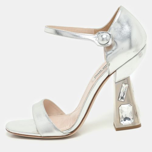 Leather Crystal Embellished Heel Ankle Strap Sandals Size 38 - Miu Miu - Modalova