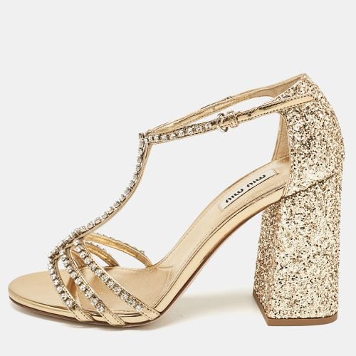 Glitter and Leather Crystal Embellished Ankle Strap Sandals Size 37 - Miu Miu - Modalova