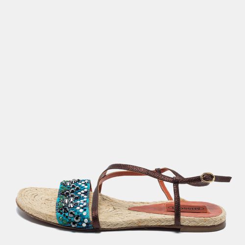 Blue/Dark Crystal Embellished Fabric and Leather Ankle Strap Flat Sandals Size 35 - Missoni - Modalova