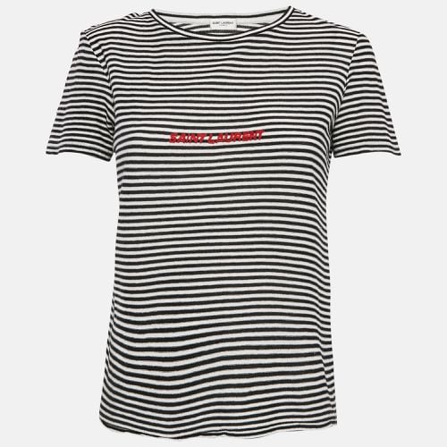 White/ Stripe Logo Embroidered Jersey T-Shirt M - Saint Laurent Paris - Modalova