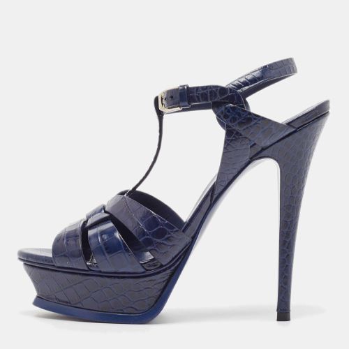 Navy Croc Embossed Leather Tribute Platform Ankle Strap Sandals Size 38.5 - Saint Laurent Paris - Modalova