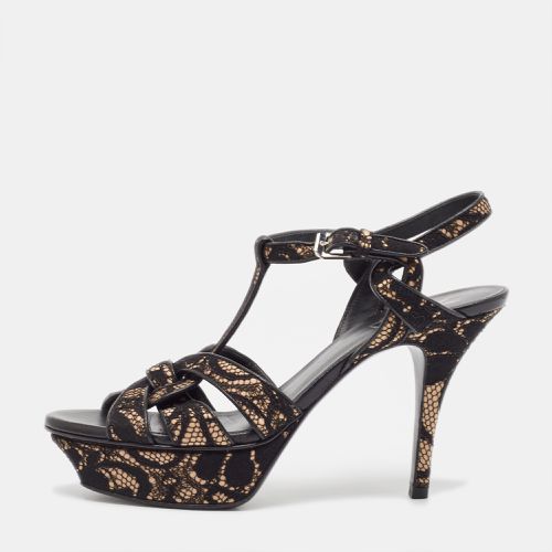 Saint Laurent /Beige Lace and Satin Tribute Sandals Size 38.5 - Saint Laurent Paris - Modalova