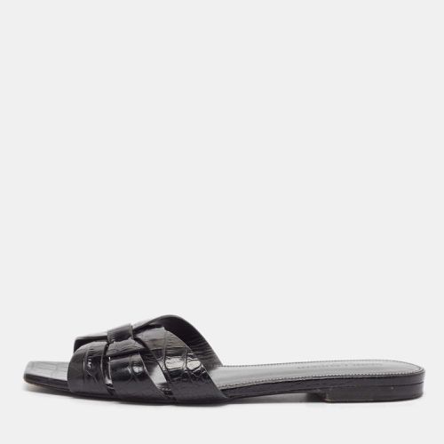 Saint Laurent Croc Embossed Leather Tribute Flat Slides Size 37.5 - Saint Laurent Paris - Modalova