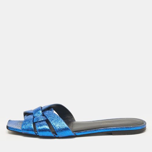 Saint Laurent Blue Leather Tribute Flat Slides Size 38.5 - Saint Laurent Paris - Modalova