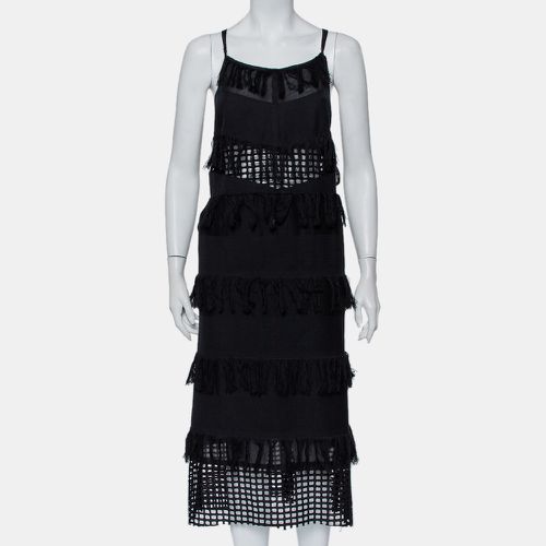 Cotton Cutwork Paneled Fringed Midi Dress M - Sea - Modalova