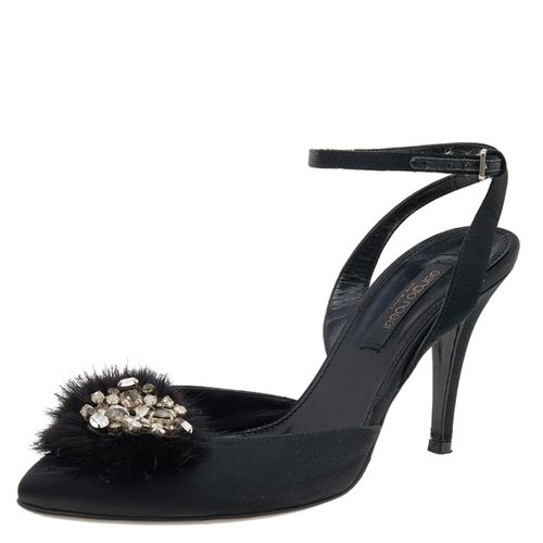 Fur And Satin Crystal Embellished Pointed Toe Ankle Strap Sandals Size 36 - Sergio Rossi - Modalova