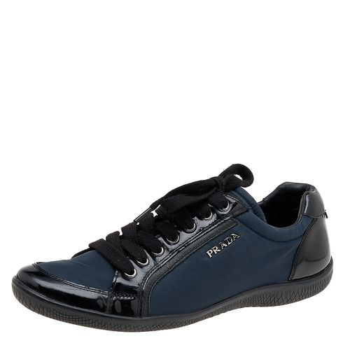 Navy Blue Patent Leather And Nylon Low Top Sneakers Size 38 - Prada Sport - Modalova