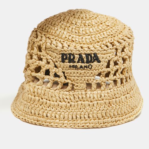 Beige Logo Raffia Bucket Hat S - Prada - Modalova