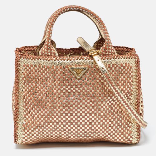 Brown Woven Madras Leather Snap Tote - Prada - Modalova