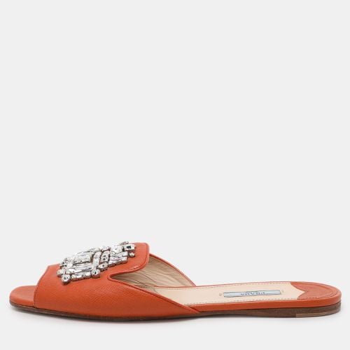 Saffiano Leather Embellished Flat Slides Size 41 - Prada - Modalova