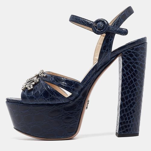 Navy Embossed Croc Crystal Embellished Platform Ankle Strap Sandals Size 39 - Prada - Modalova