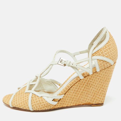 White Raffia and Leather Wedge Sandals Size 38 - Prada - Modalova