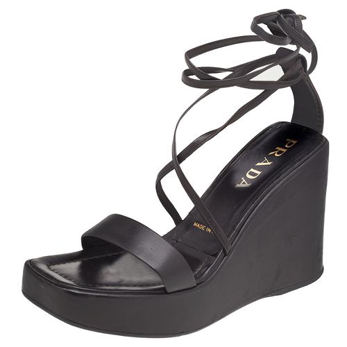 Dark Leather Wedge Platform Ankle Wrap Sandals Size 39 - Prada - Modalova