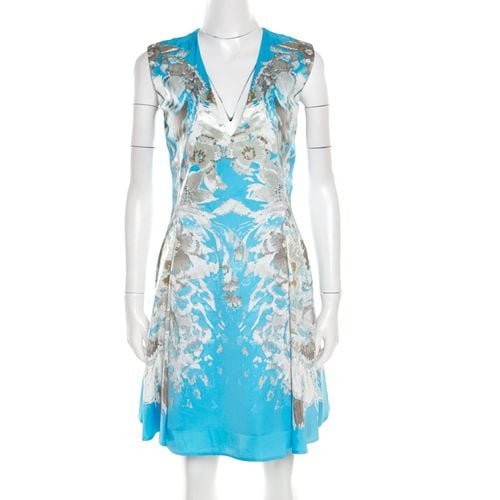 Floral Printed Satin Sleeveless Flared Dress S - Roberto Cavalli - Modalova