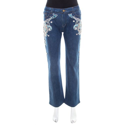 Crystal Embellished Denim Wide Leg Jeans L - Roberto Cavalli - Modalova