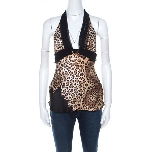 Cheetah Print Silk Tulle Trim Halter Top S - Roberto Cavalli - Modalova