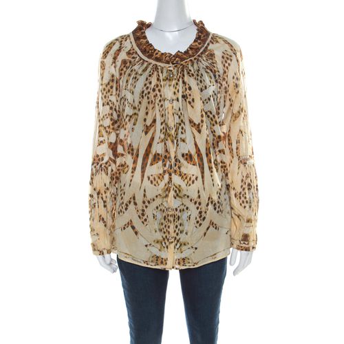 Leopard Printed Cotton Ruched Neckline Poet Blouse M - Roberto Cavalli - Modalova