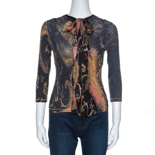 Printed Stretch Knit Neck Tie Detail Top S - Roberto Cavalli - Modalova