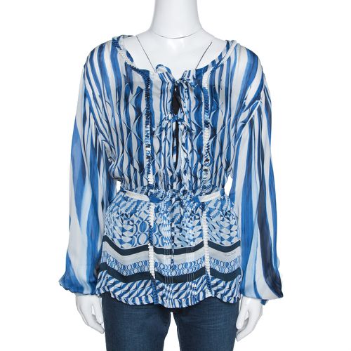 And White Deco Print Silk Tie Up Blouse M - Roberto Cavalli - Modalova