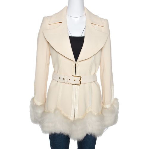 Wool Fox Fur Trim Belted Jacket M - Roberto Cavalli - Modalova