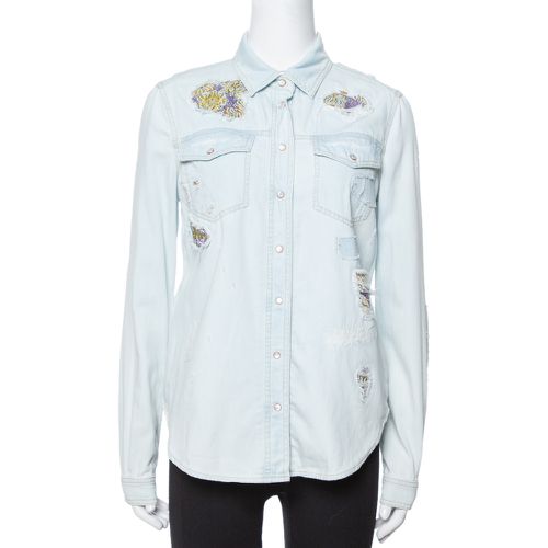 Light Distressed Denim Patch Detail Shirt S - Roberto Cavalli - Modalova