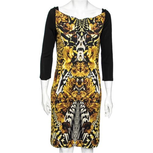 Gold and Floral Printed Jersey Dress M - Roberto Cavalli - Modalova